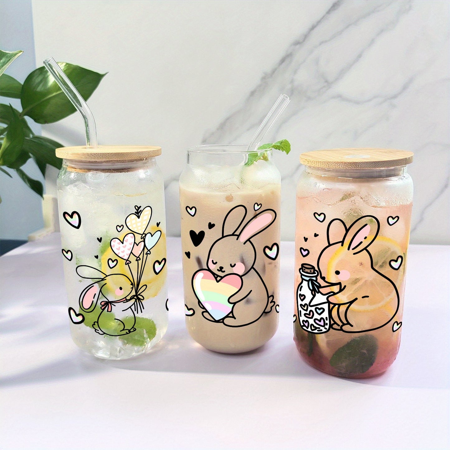 16oz Festive Glass Tumbler with Lid & Straw - Cute Bunny & Heart Design, Perfect for Iced Coffee, Soda, Beer - Ideal Holiday Gift for Christmas, Halloween, Easter, Thanksgiving