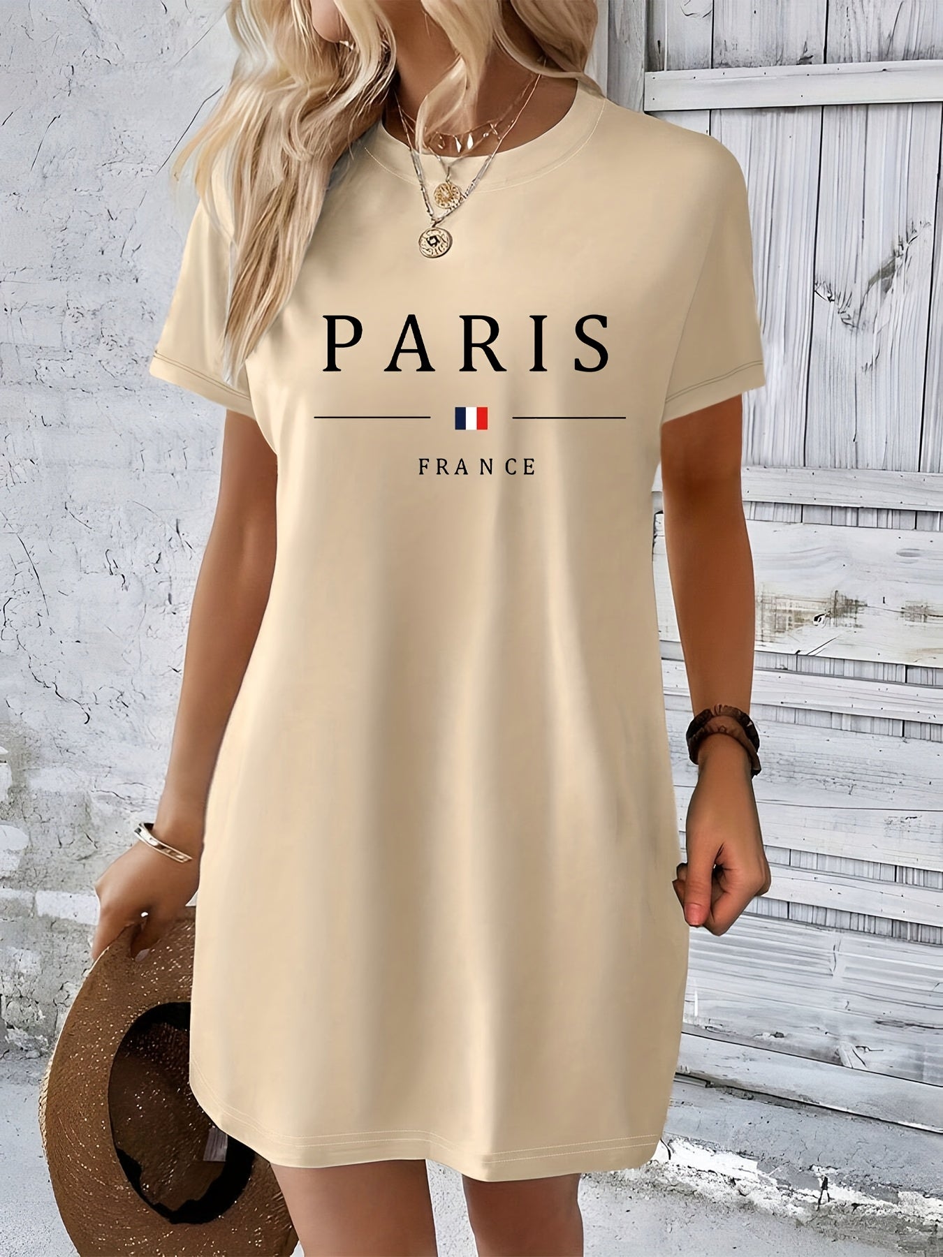 Vestito T-Shirt Casual da Donna con Stampa PARIS France - Nero & Bianco Grafico, Collo Rotondo, Tessuto Elasticizzato Medio, Lavabile in Lavatrice per Primavera/Estate, Manica Corta