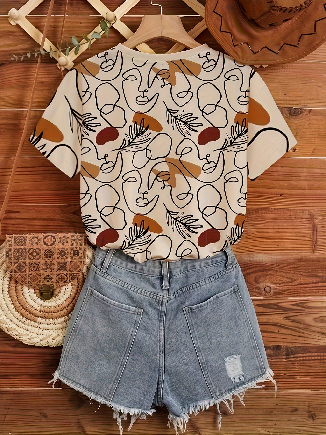 Abstract Print Crew Neck T-Shirt, Casual Short Sleeve T-Shirt For Spring & Summer, Women's Clothing