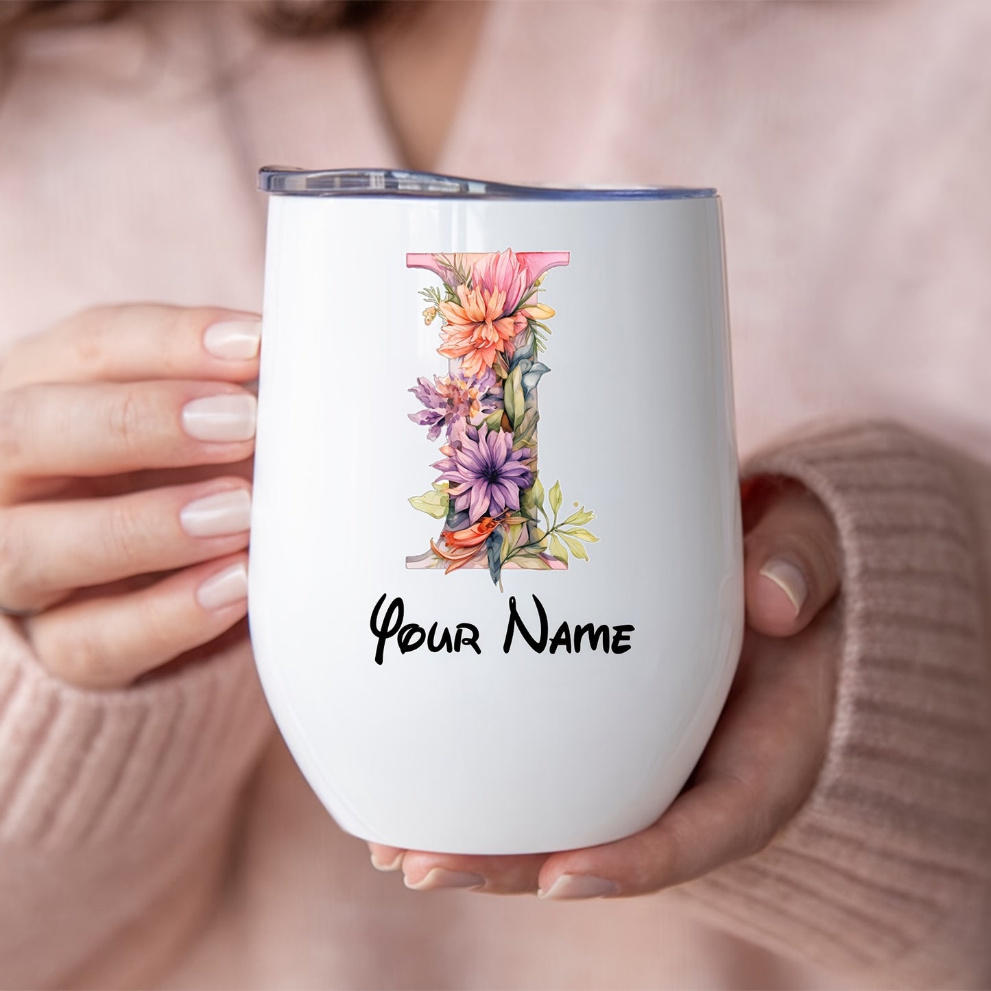 [Customization]1pc 12Oz Letter Egg-Shaped Design Wine Glass, 26 Letter Names Customized Flower Pattern Double-Layer Insulated Stainless Steel Lid Leak-Proof Coffee Cup, Perfect Birthday Gift, Christmas Gift, Mother'S Day Gift for Family And Friends