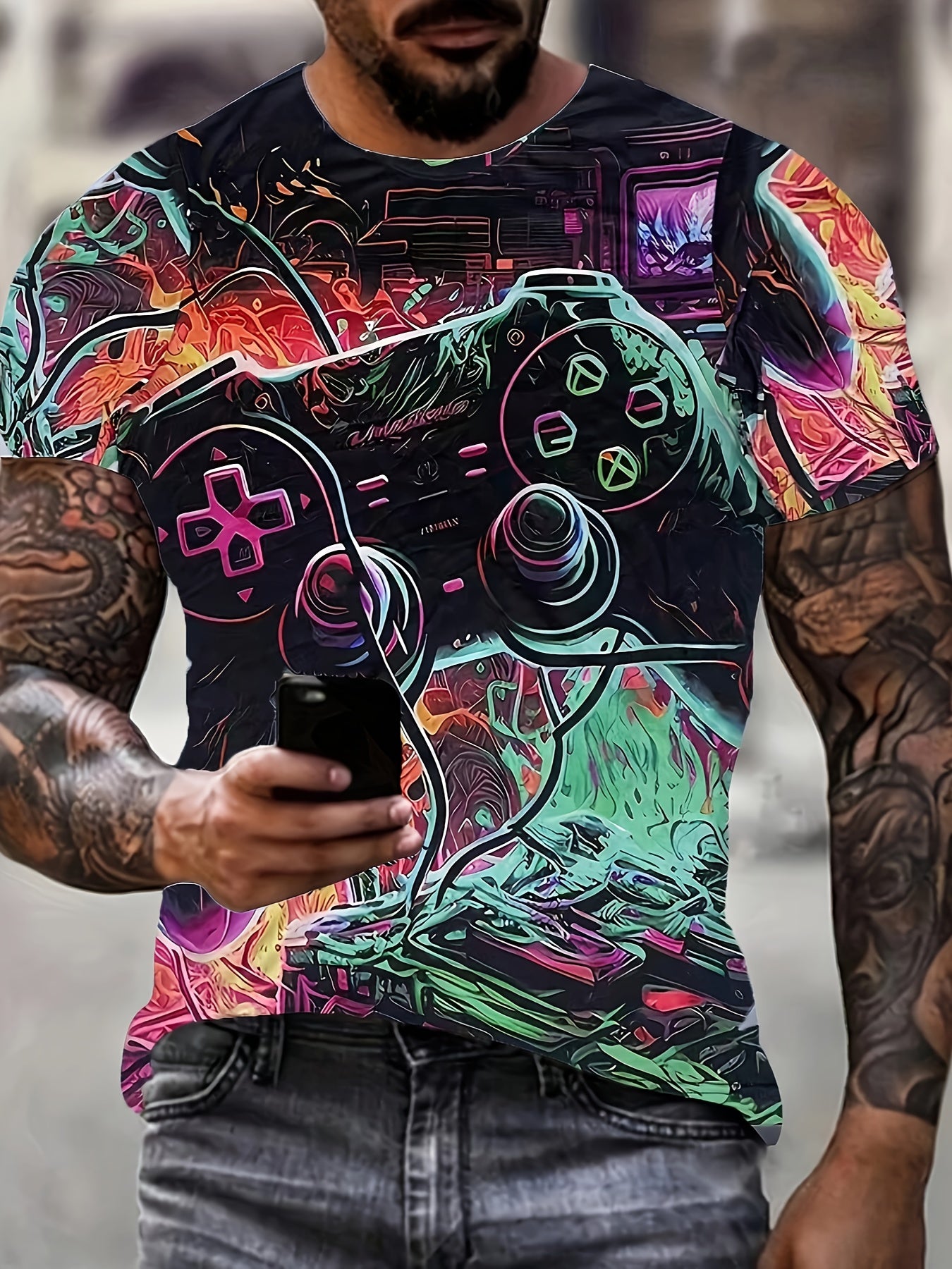 Men's Gamepad Print T-shirt, Casual Short Sleeve Crew Neck Tee, Men's Clothing For Summer Outdoor