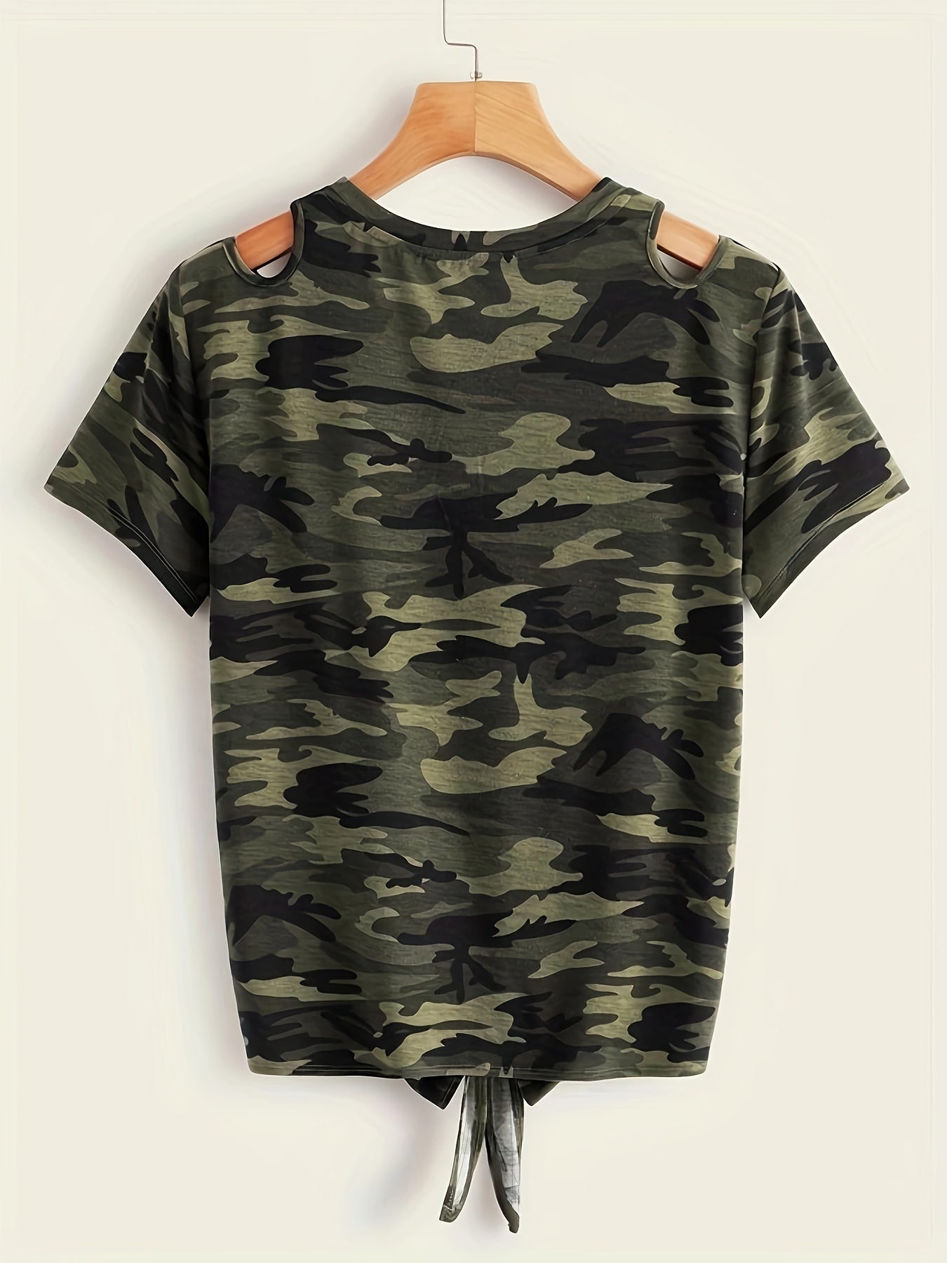 Camo Print Knot Hem Crew Neck T-Shirt, Cut Out Short Sleeve T-Shirt For Spring & Summer, Women's Clothing