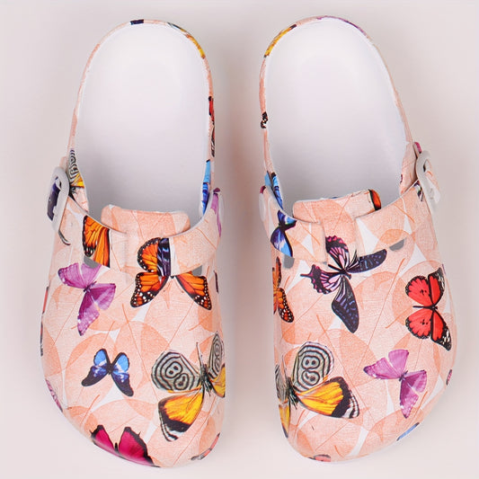 Women's Butterfly Printed Garden Clogs, Trendy Soft Sole Pillow Shoes, Light And Smooth Clogs For Holidays