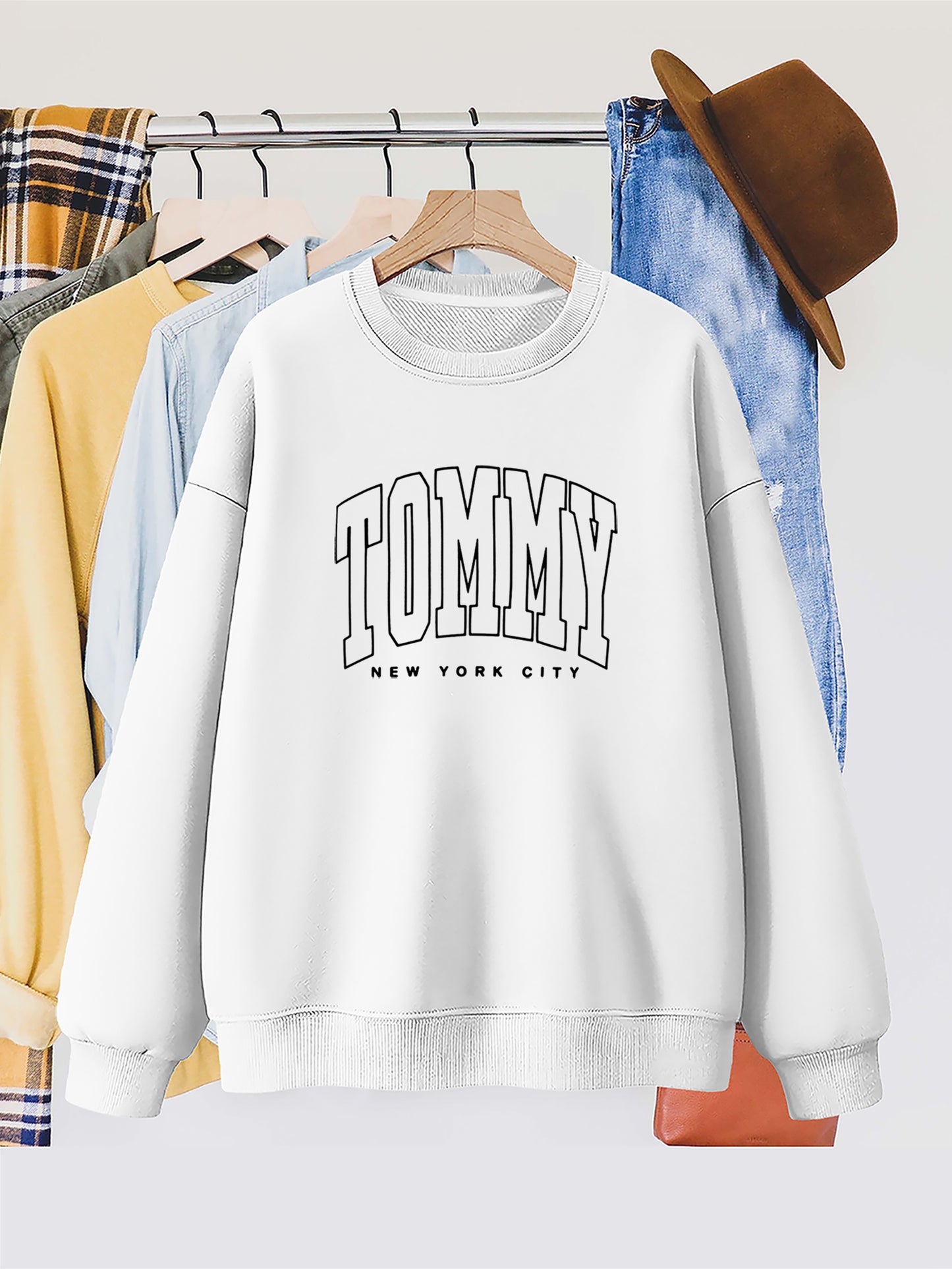 Women'S Tommy New York City Letter Print Sweatshirt, Casual Round Neck Long Sleeve Pullover, Knitted Polyester Fashion Hoodie