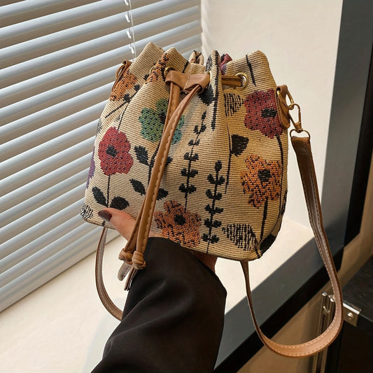 Elegant Floral Pattern Fabric Mini Crossbody Bucket Bag with Polyester Lining and Drawstring Closure for Women (1pcs, 17.27cm x 17.27cm) Hand Washable or Professionally Cleaned, No Edge Paint