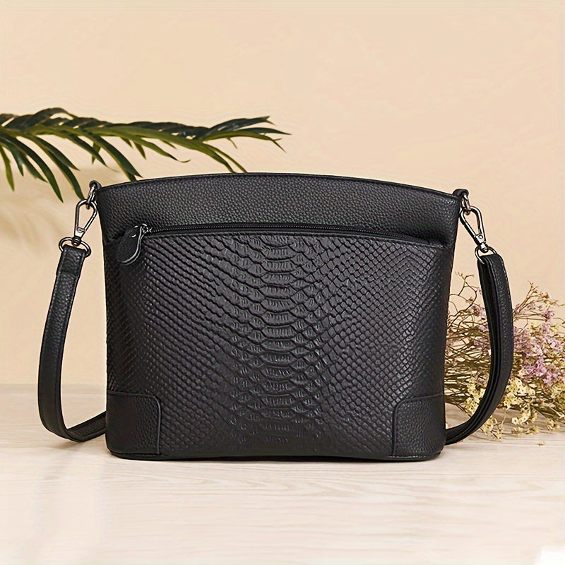 Solid Color Crocodile Pattern Genuine Leather Crossbody Bag with Removable Strap and Zipper Closure, Polyester Lined, Large Capacity Shoulder Bag for Women