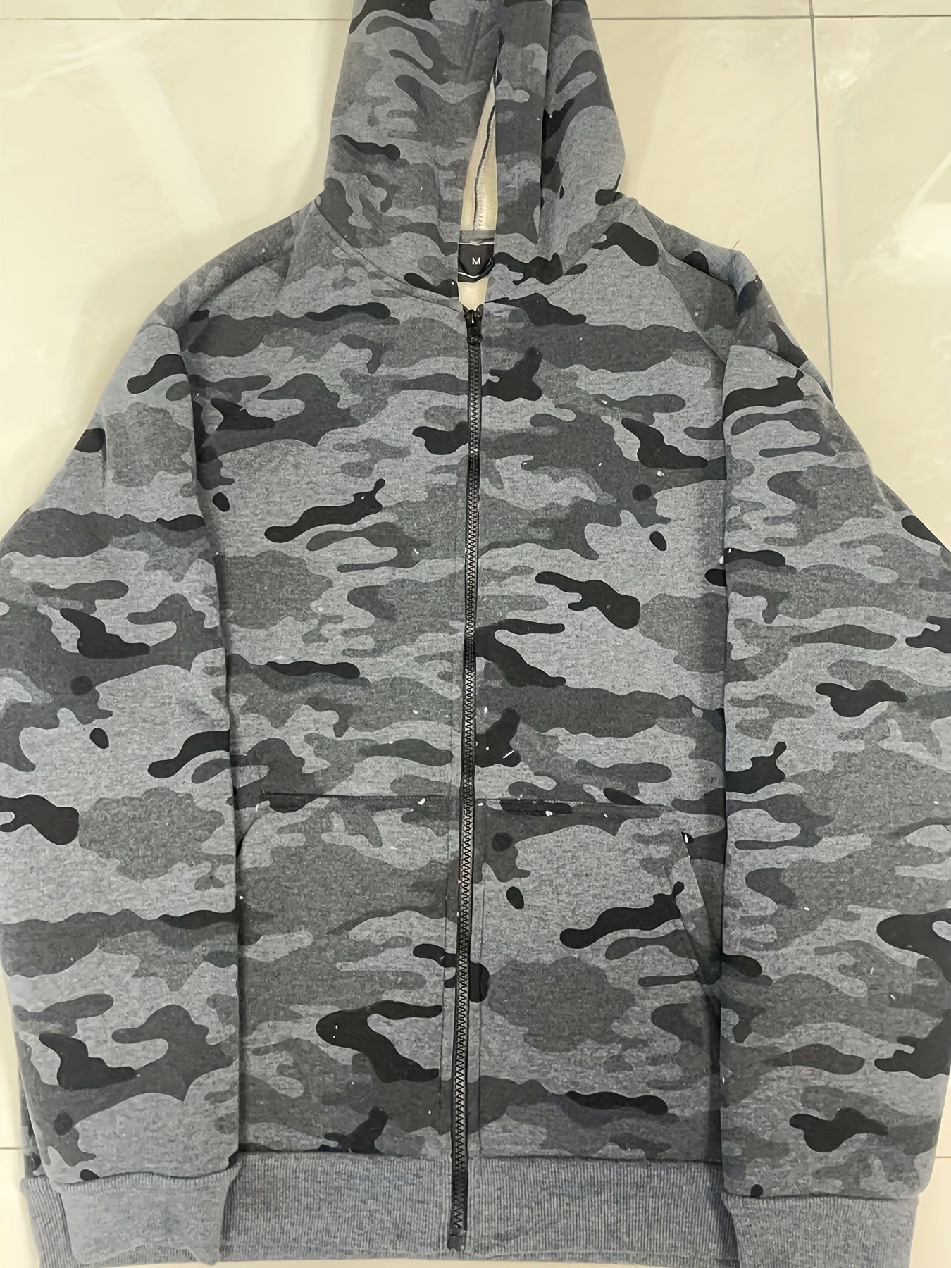 Warm Fleece Camo Hooded Winter Hooded Jacket, Men's Casual Stretch Zip Up Jacket Coat For Fall Winter