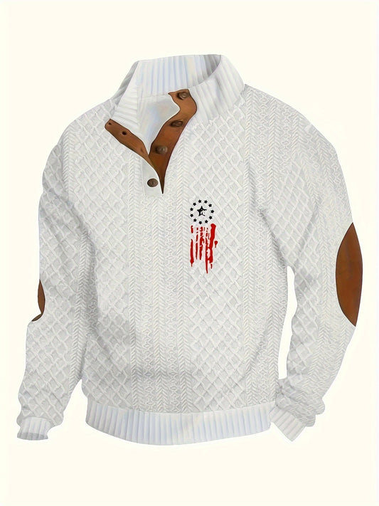 Men's Casual Fleece-Lined Sweatshirt with Star Pattern - Stand Collar, Button Detail, Machine Washable - Perfect for Fall & Winter