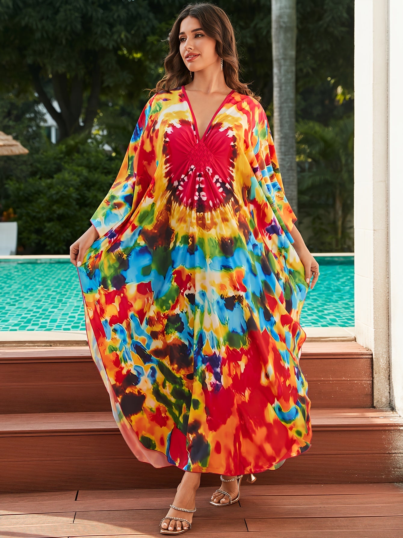 Women's Boho Style Cover Up, Plus Size Tie Dye V Neck Loose Fit Split Beach Kaftan Dress