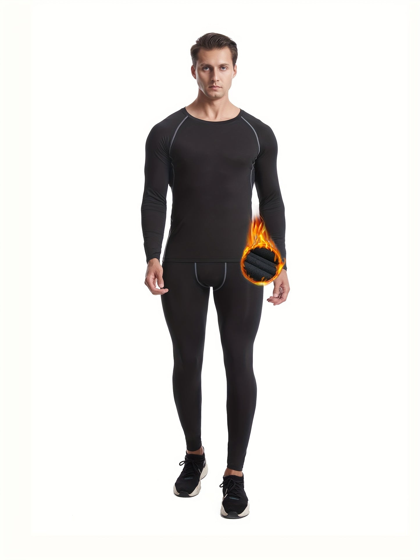 Men's Thermal Underwear Set, Skiing Winter Warm Base Layers, Tight Long Sleeve Round Neck Top & Bottom Pants Set