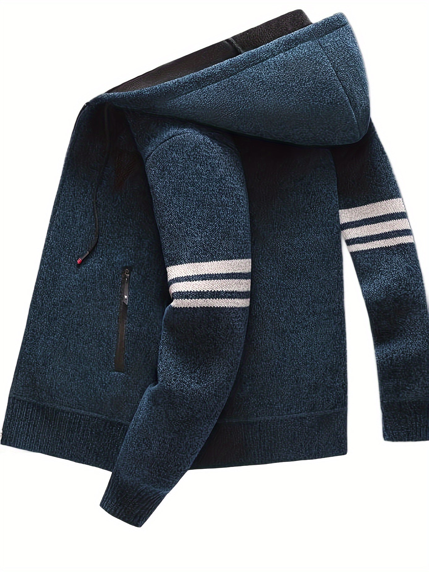 Men's Striped Fleece Hooded Cardigan, Casual Slightly Stretch Breathable Zip Up Thermal Jacket For Fall Winter Outdoor