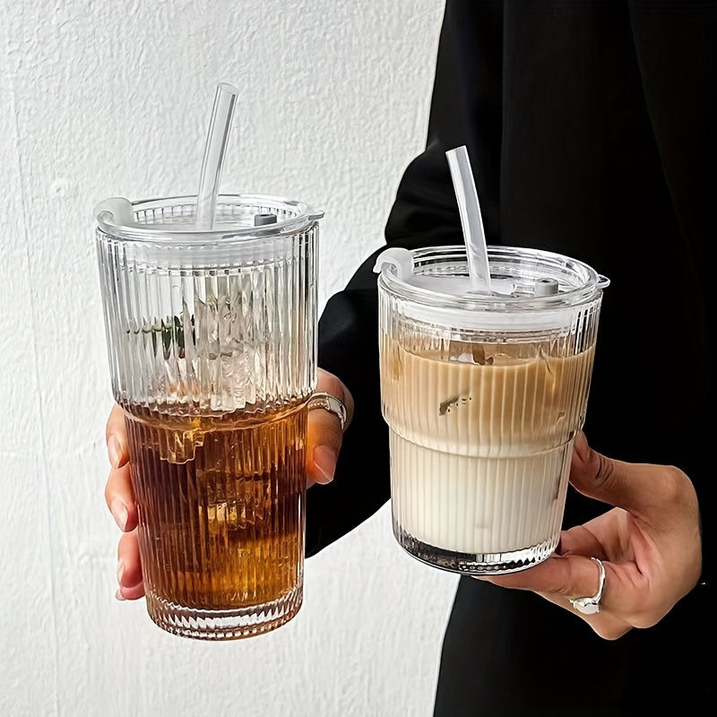 Striped Glass Tumbler Set with Lid & Straw - Large Capacity, Reusable for Cold Drinks, Juice & Coffee - Perfect for Home, Office & Parties