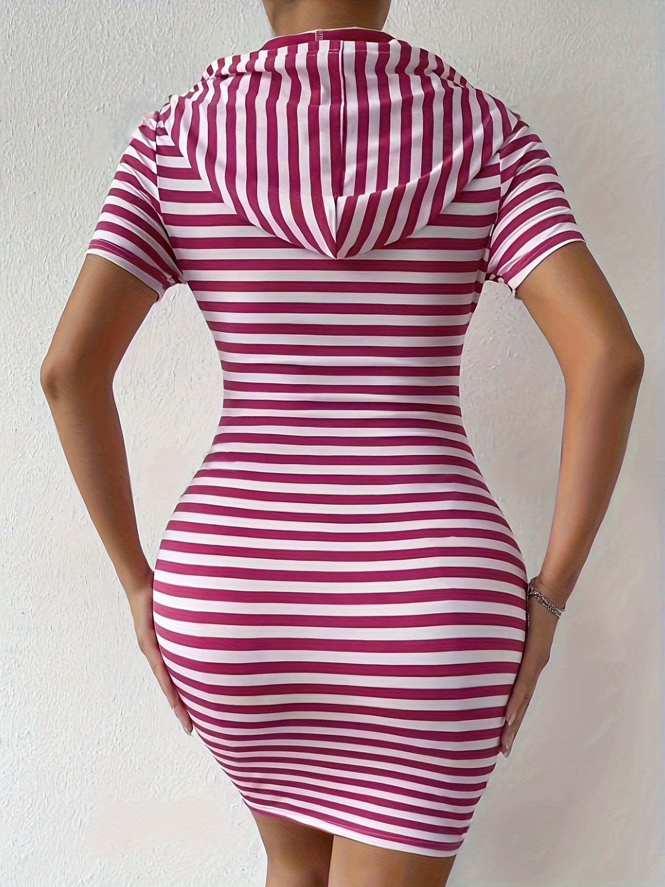 Striped Bodycon Drawstring With Pocket Dress, Casual Short Sleeve Hooded Dress For Spring & Summer, Women's Clothing