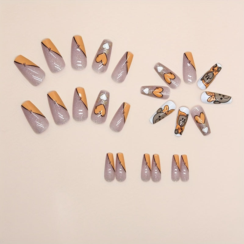 24pcs Glossy Medium Ballerina Fake Nails, Sweet Cool Orange Press On Nails With Bear Heart Design, Shiny Sequin False Nails For Women Girls