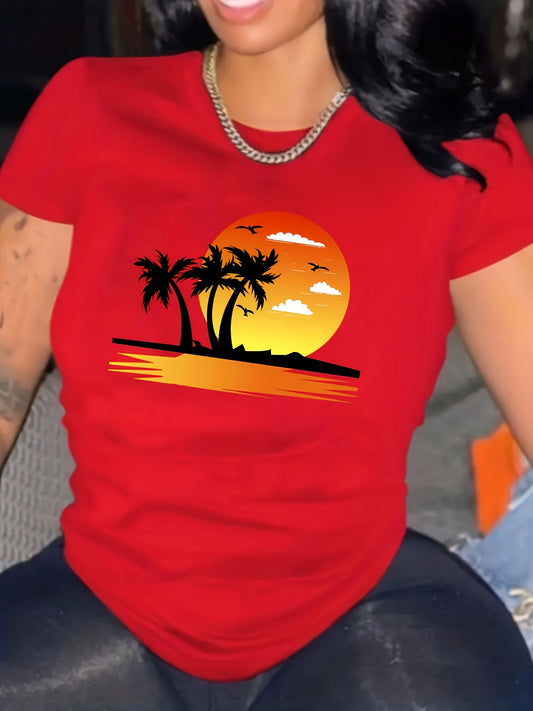 Beach Sunset Print Crew Neck T-shirt, Casual Short Sleeve Top For Spring & Summer, Women's Clothing