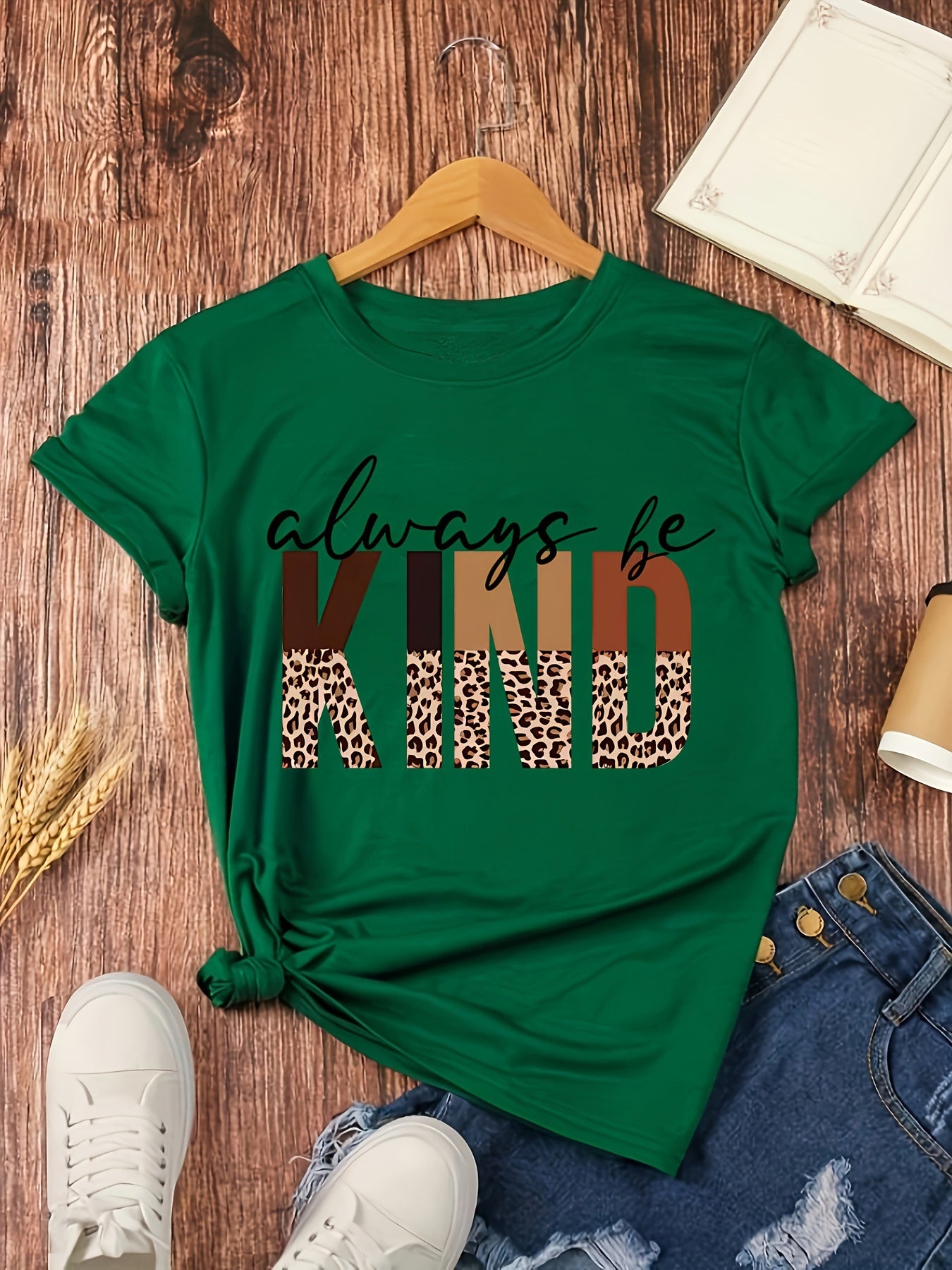 Kind Print Crew Neck T-Shirt, Casual Short Sleeve Top For Spring & Summer, Women's Clothing