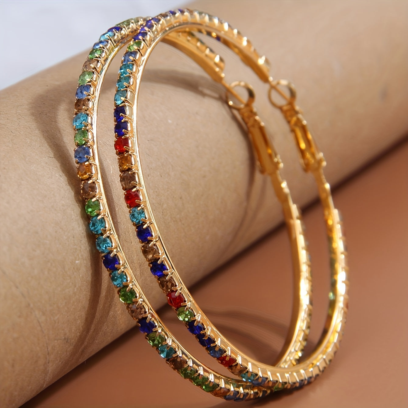 2pcs Bohemian Style Colorful Rhinestone Hoop Earrings Set, Simple Fashion Round Circle Ear Hoops, /Silver Plated Jewelry for Women