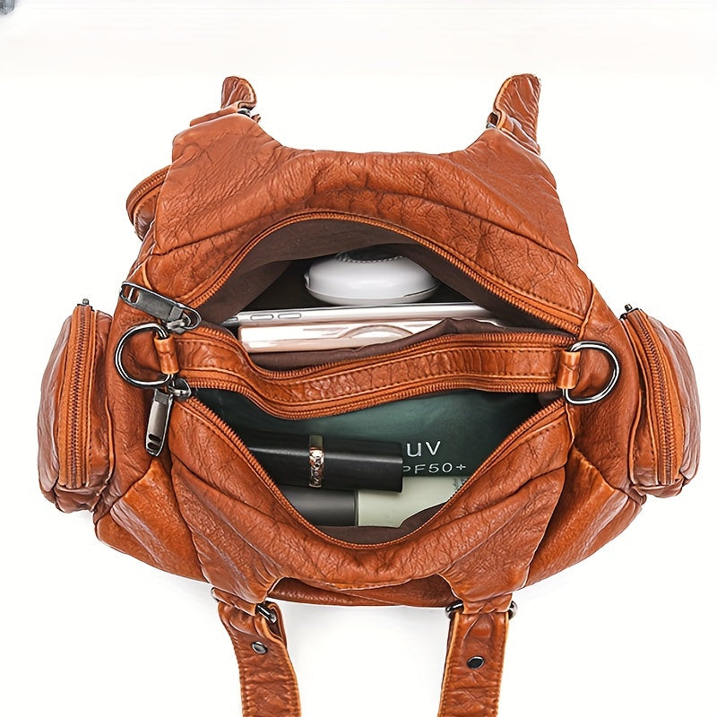 Vintage-Style Tote Bag With Adjustable Shoulder Strap And Polyester Lining, Zipper Closure Shoulder Bag