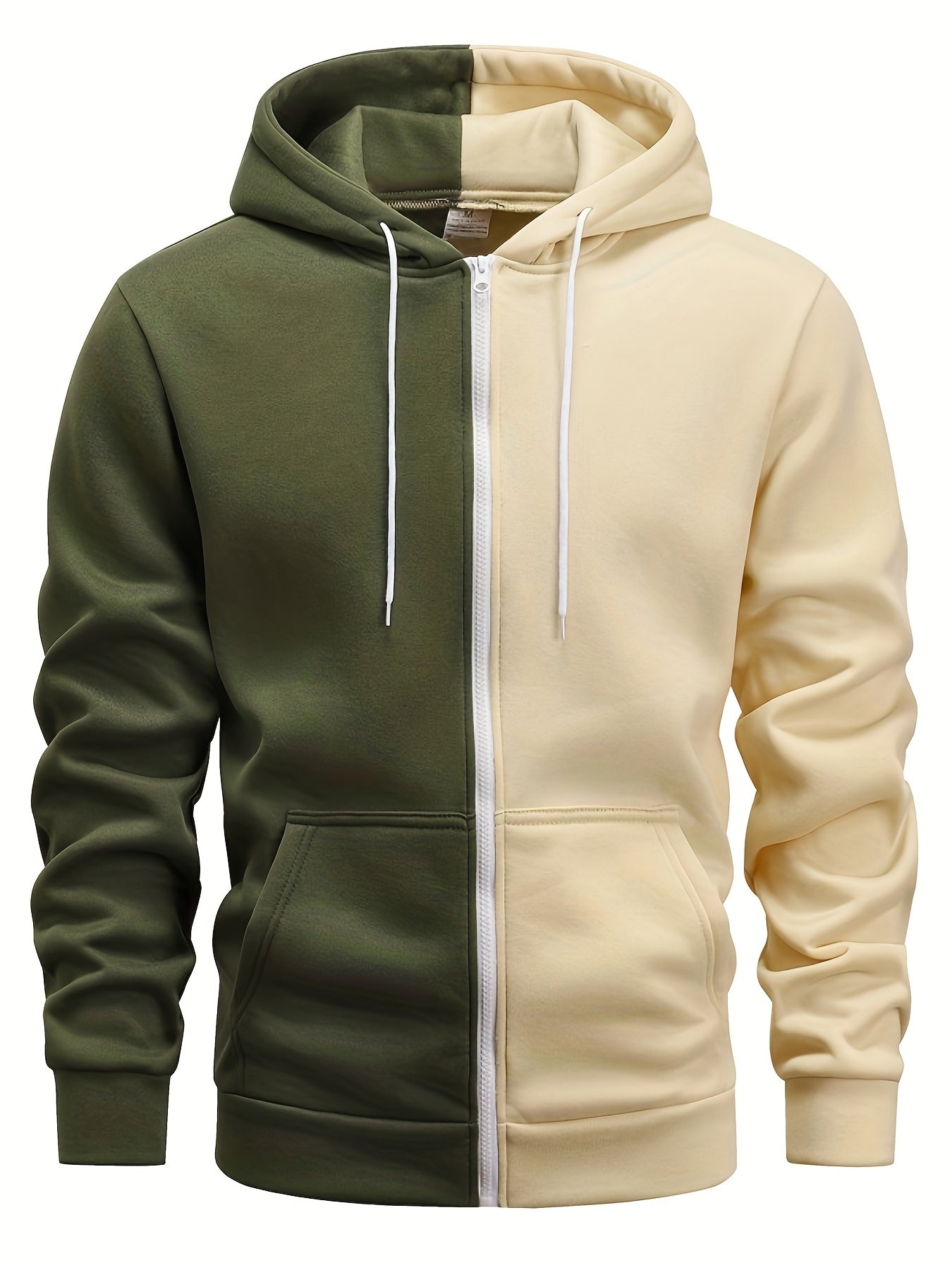 Men's Color Block Zipper Hooded Jacket, Casual Comfy Loose Long Sleeve Hoodie, Men's Clothing For Autumn Winter
