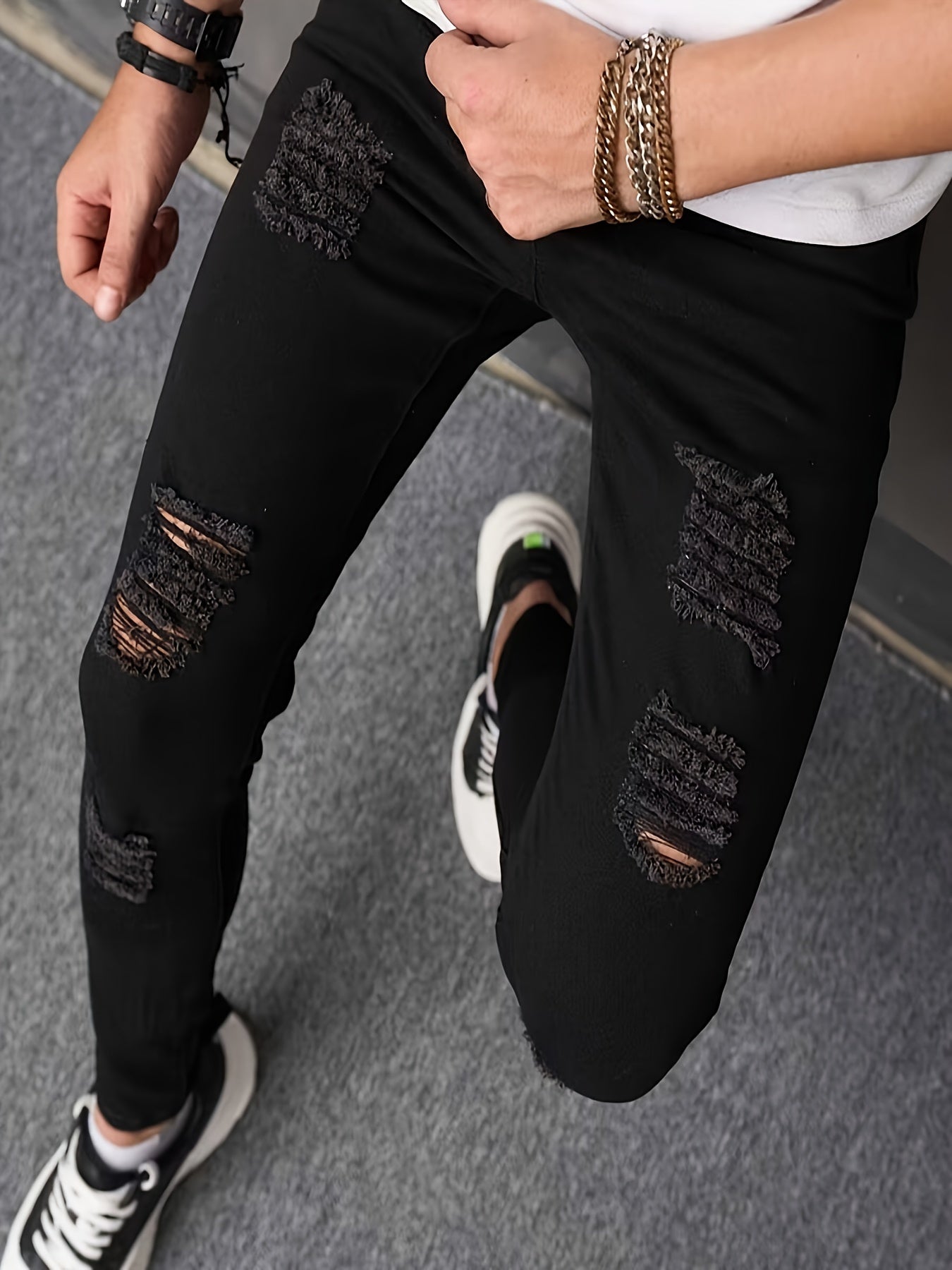 Men's Casual Ripped Skinny Jeans, Chic Street Style Medium Stretch Jeans