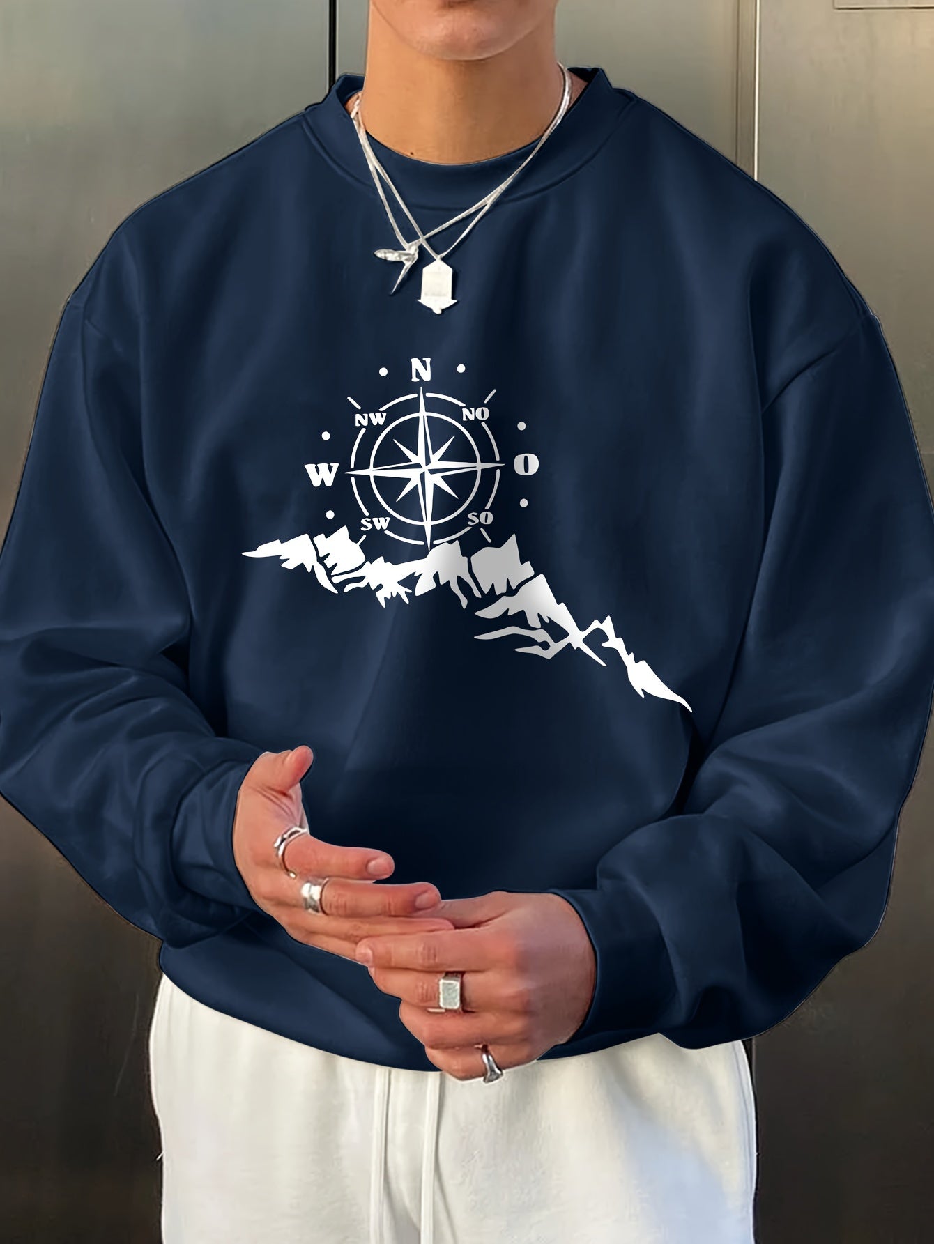 Men's Casual Compass Print Sweatshirt - Long Sleeve, Loose Fit, Round Neck Pullover for Sports & Casual Attire