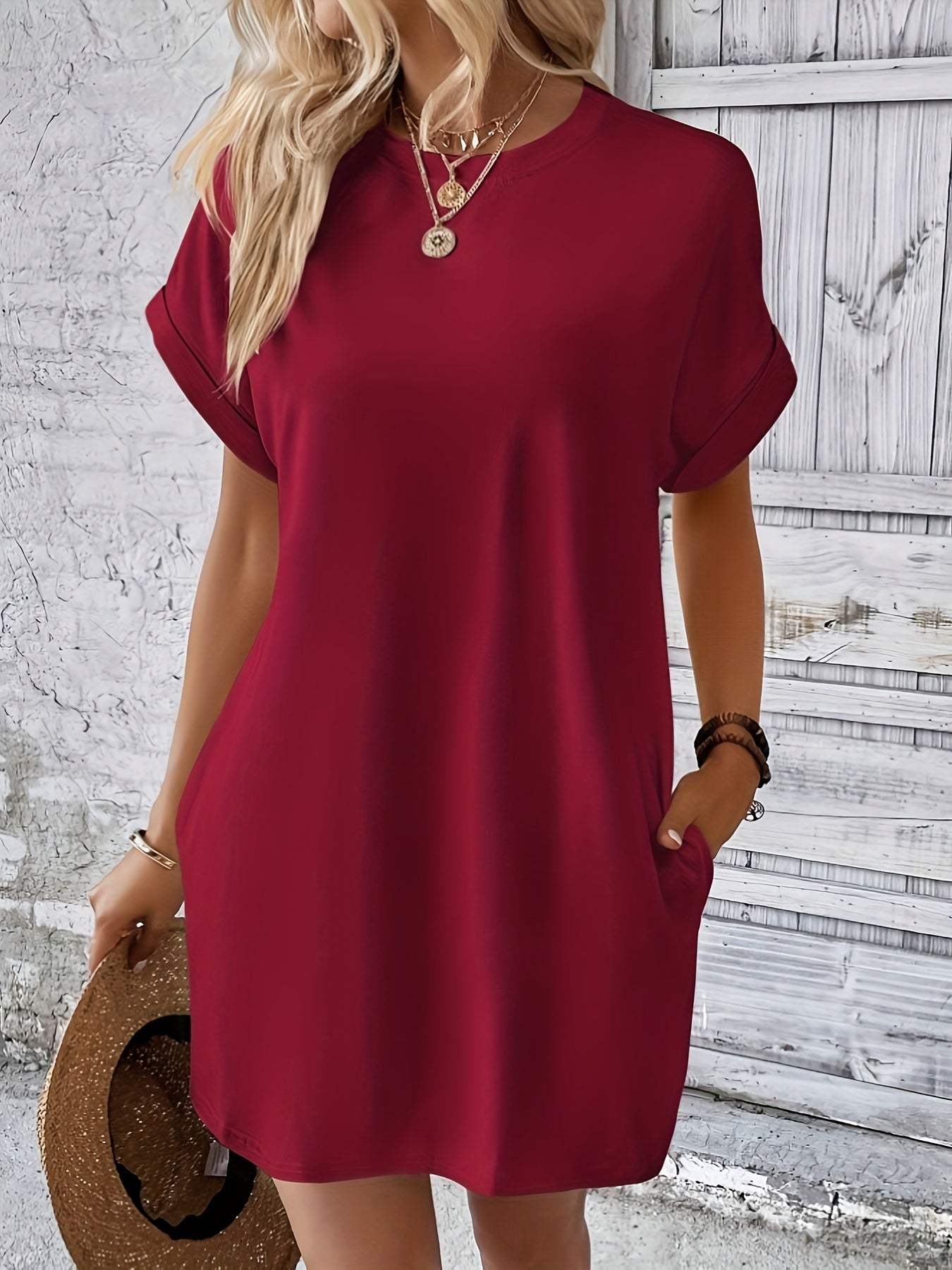 Solid Color Crew Neck Dress, Elegant Pocket Batwing Sleeve Dress For Spring & Summer, Women's Clothing