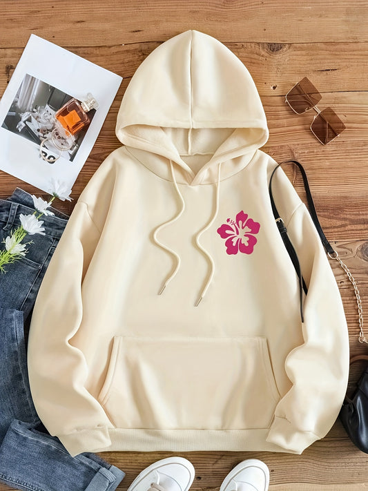 Floral & Letter Print Hoodie, Drawstring Kangaroo Pocket Casual Hooded Sweatshirt For Winter & Fall, Women's Clothing