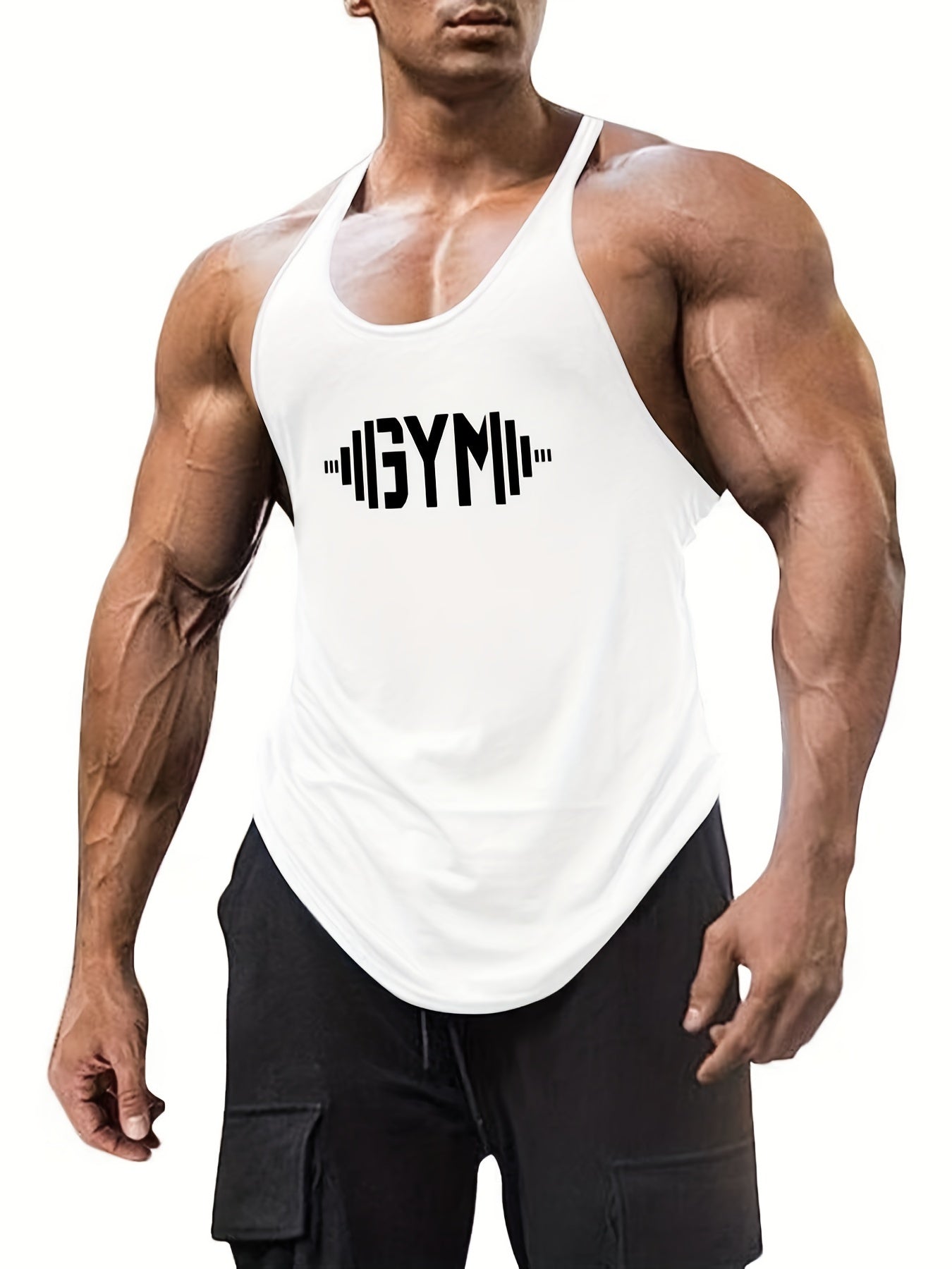 GYM Dumbbell Pattern Men's Summer Tank Top, Men's Breathable Lightweight Top For Fitness