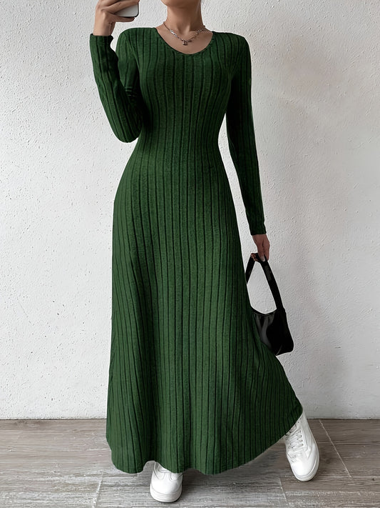 Ribbed Crew Neck Sweater Dress, Elegant Long Sleeve Ankle Dress For Fall ＆ Winter, Women's Clothing