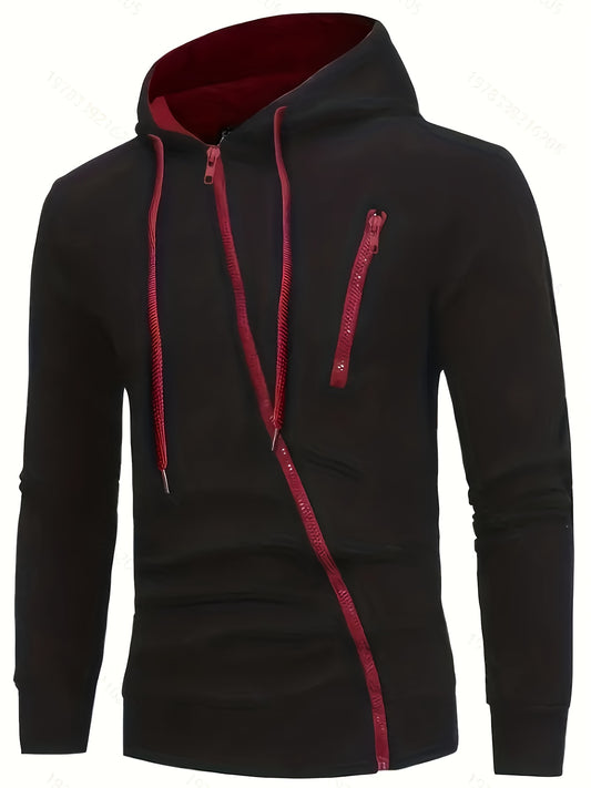 Men's Stylish Zip-up Hoodie With Pockets, Trendy Comfy Sweatshirt With Slant Zipper For Spring And Autumn