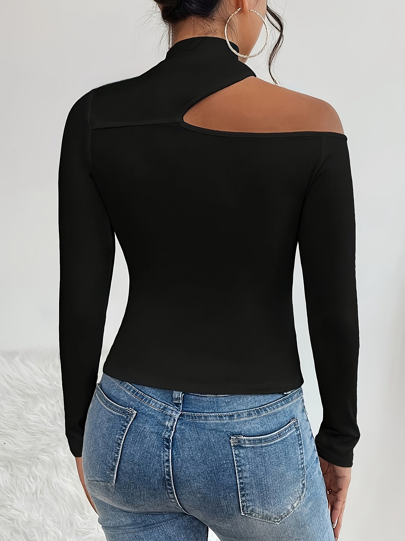 Elegant Asymmetrical Long Sleeve T-Shirt Top for Women - Black, Polyester Blend, Small Stand-Up Collar, Long Sleeves, Regular Length, Knit Fabric, Perfect for Fall/Winter Seasons