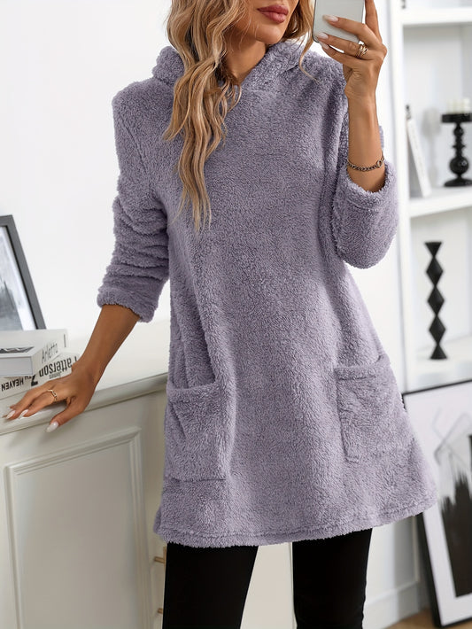 Cozy Fleece Hoodie with Dual Pockets - Casual Long Sleeve Pullover for Women, Perfect for Fall & Winter