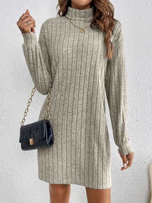 Solid Color Turtle Neck Dress, Elegant Textured Knit Long Sleeve Dress For Spring & Fall, Women's Clothing