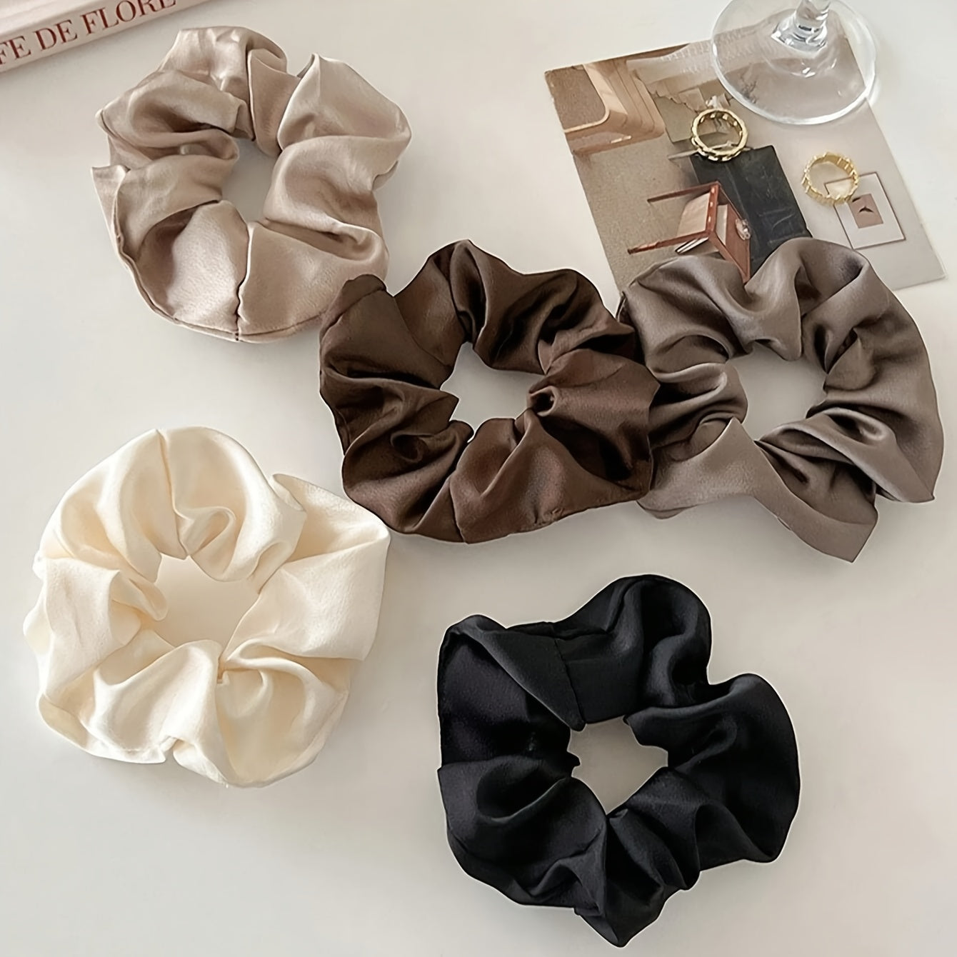 5 Pcs Classic Black, White, and Brown Hair Scrunchies - Elegant and Versatile for All Ages