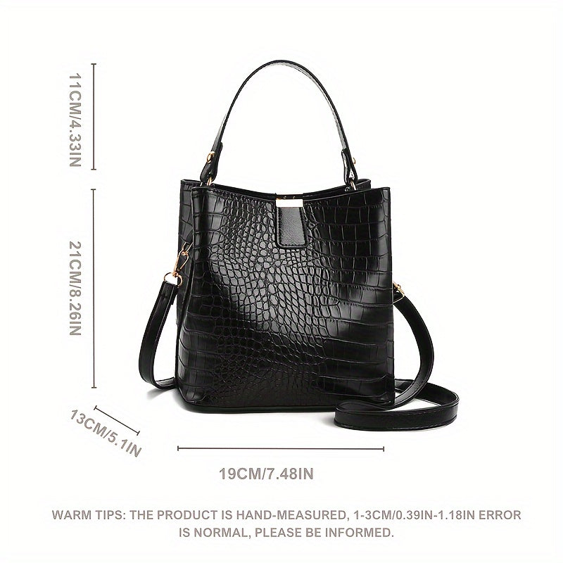 Elegant Faux Leather Crocodile Pattern Bucket Bag with Detachable Shoulder Strap, Magnetic Closure, and Polyester Lining - Versatile Women's Crossbody Handbag