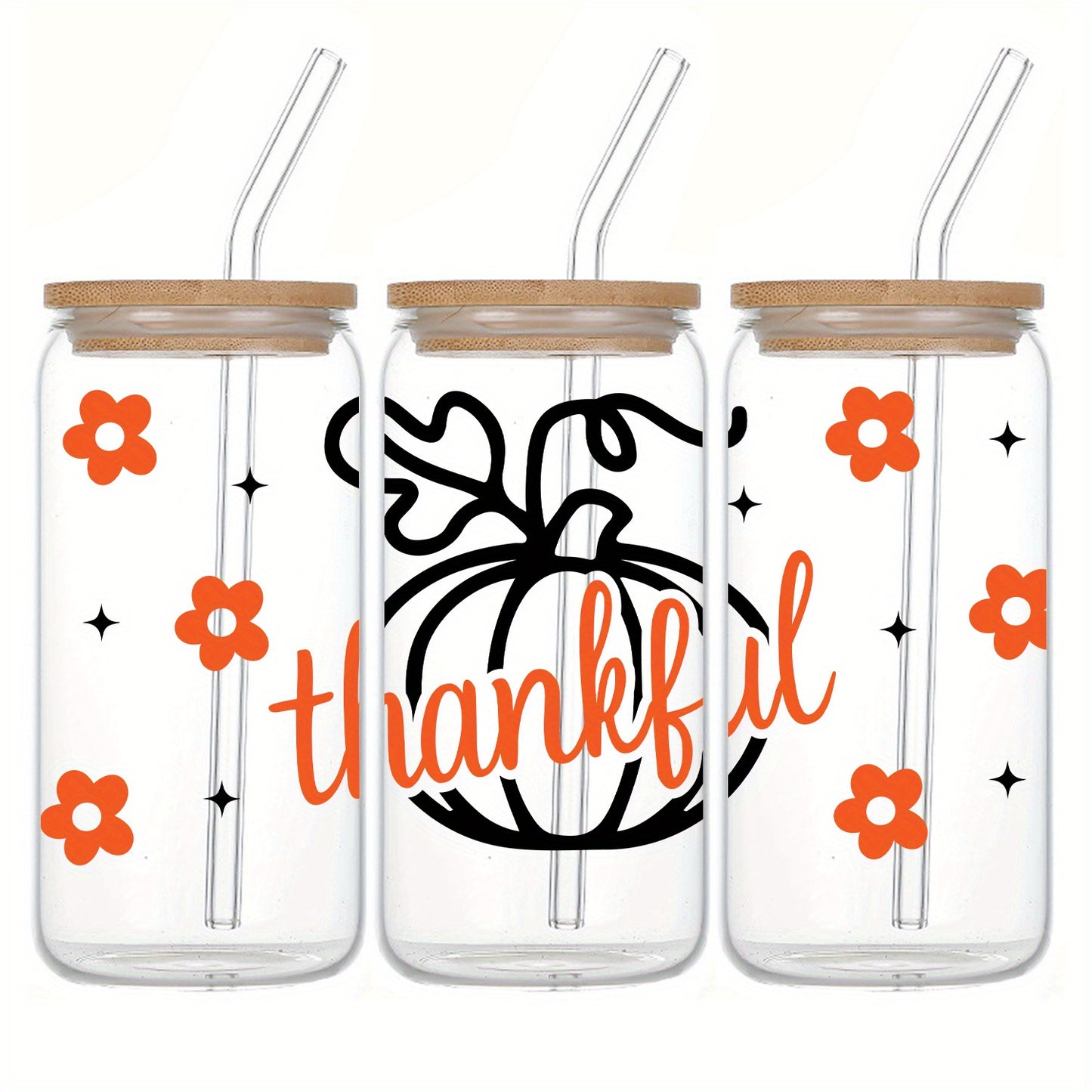 Thanksgiving 16oz Glass Tumbler with Lid & Straw - Pumpkin & Floral Design, Perfect for Beer, Soda, Coffee - Ideal Holiday Gift for Christmas, Valentine's Day