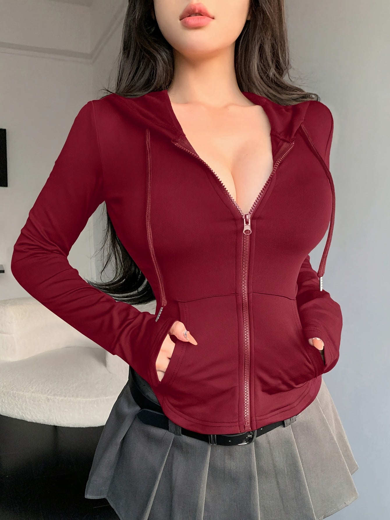 Zip-up Hoodie Skinny Jacket, Casual Solid Color Long Sleeve Slant Pockets Drawstring Jacket For Spring & Fall, Women's Clothing