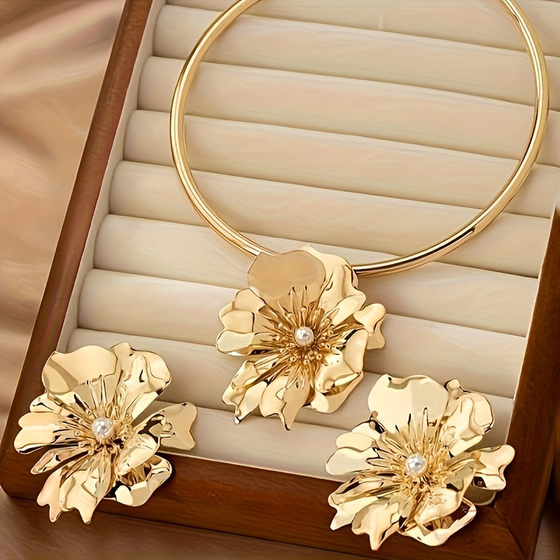 Luxurious Golden-Tone Floral Jewelry Set with Faux Pearl Accents - Includes Choker Necklace & Earrings, Perfect for Vacations & Everyday Glam