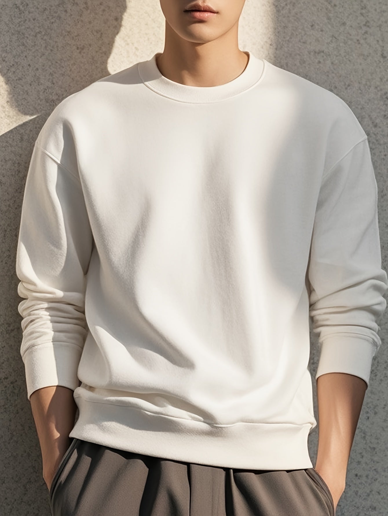 Men'S Fashion Long Sleeve Sweatshirt, Loose Fit, Stretch Polyester, Crew Neck, Solid Color, Knit Fabric, Casual Style, Autumn/Winter Collection