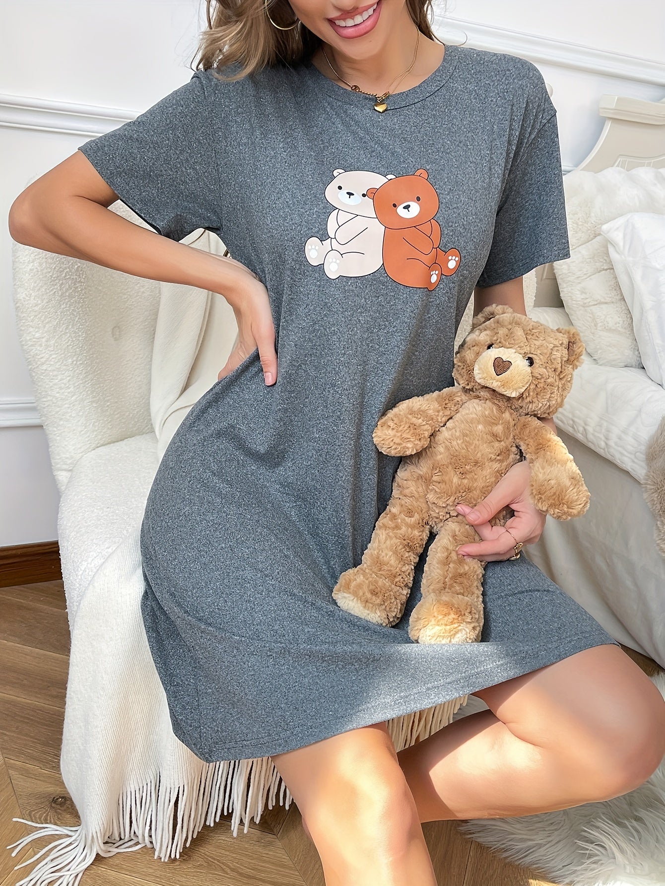 Bear Print Crew Neck Tee Dress, Casual Half Sleeve Dress For Spring & Summer, Women's Clothing