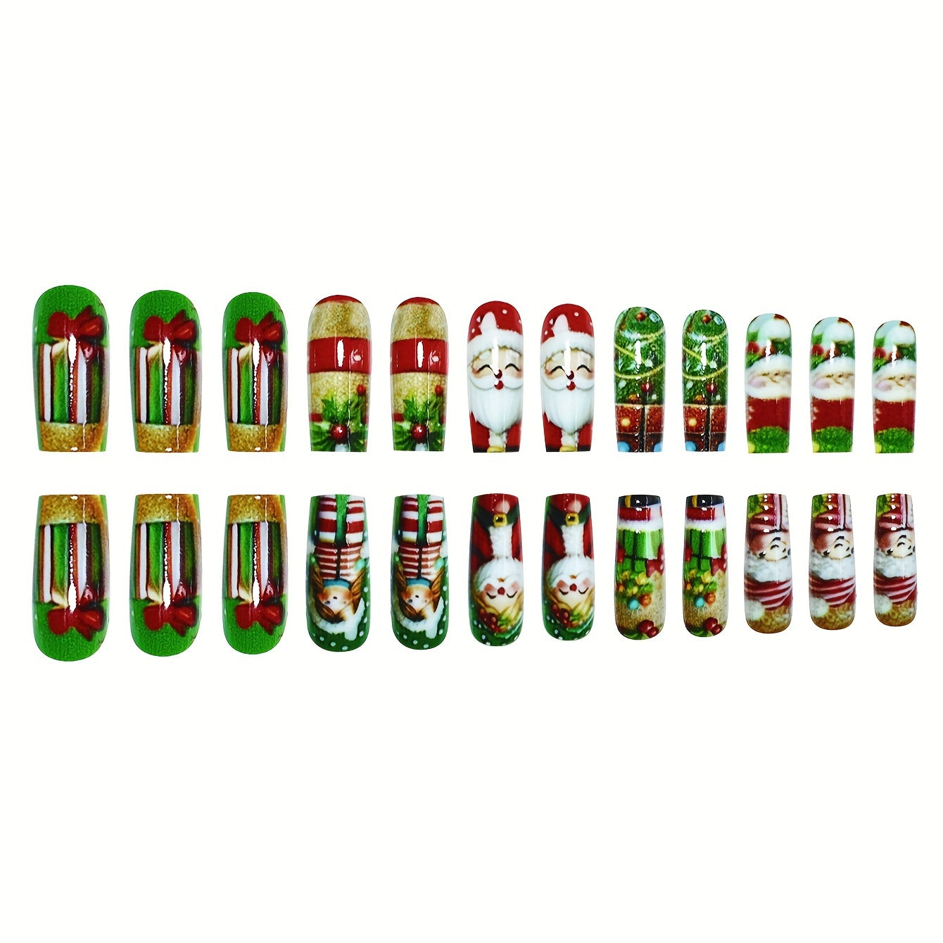 24pcs Christmas Press-On Nails Set - Cute Cartoon Santa & Snowflake Designs, Medium Square Shape, Glossy Finish in Red/Green with Jelly Adhesive Tabs & Nail File Included, for Christmas