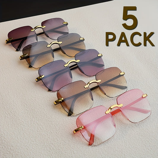 JINQI 5pcs/3pcs Women's Fashion Rimless Square Fashion Glasses - Gradient Lens, Retro Chic Protection, Perfect for Beach & Party - Stylish Oversized Frameless Design with Metal Hinge