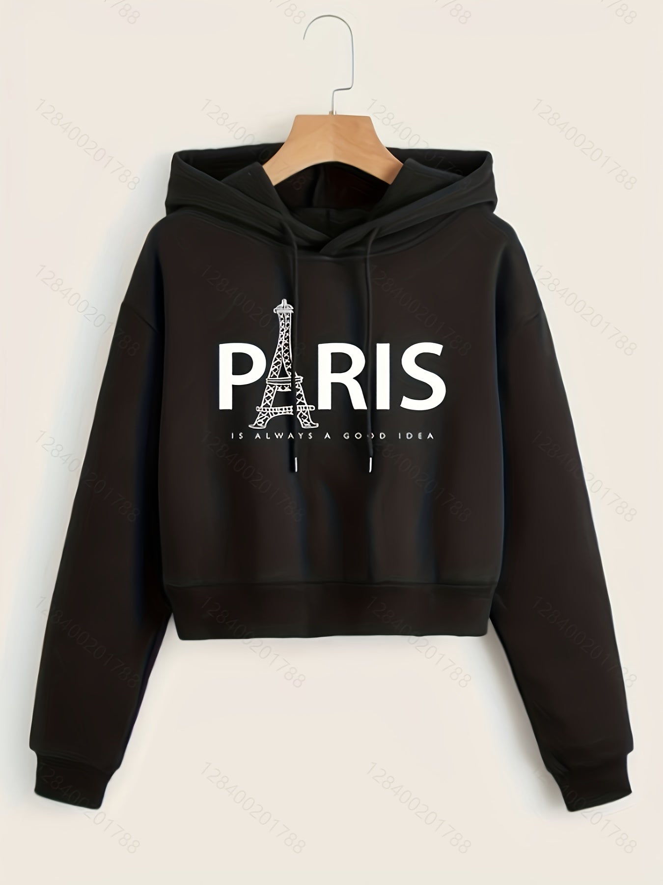 Eiffel Tower & Slogan Graphic Drop Shoulder Drawstring Thermal Lined Hoodie, Women's Long Sleeve Sports Hoodie