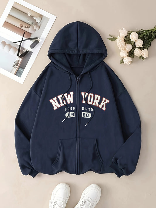 NEW YORK Print Zip-up Drawstring Hoodie, Casual Long Sleeve Slant Pockets Jacket, Women's Clothing