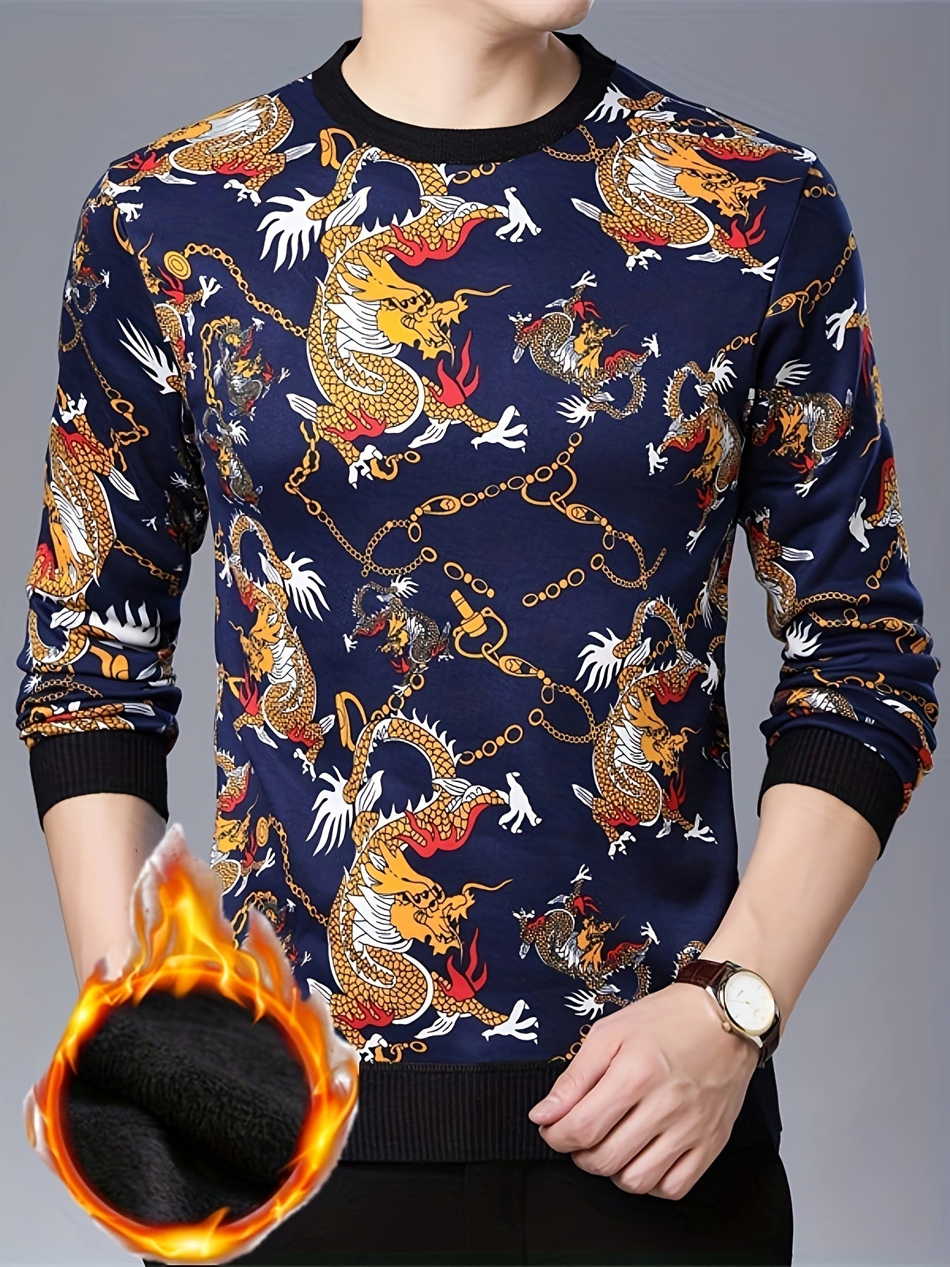 Men's Cozy Fleece-Lined Dragon Print Sweater - Casual Crew Neck Pullover for Fall/Winter, Machine Washable