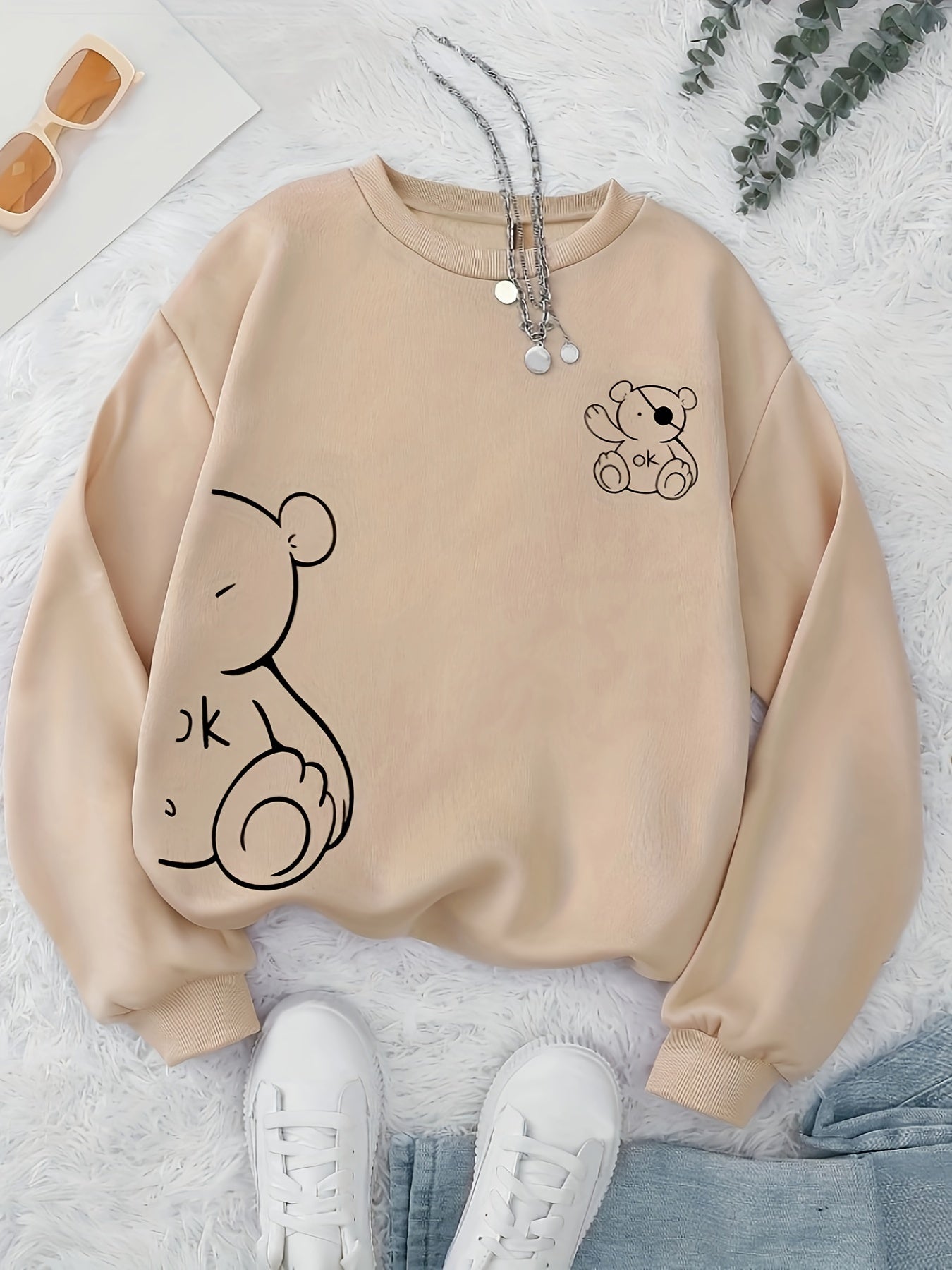 Pirate OK Bear Print Women's Casual Round Neck Autumn and Winter Sweatshirt