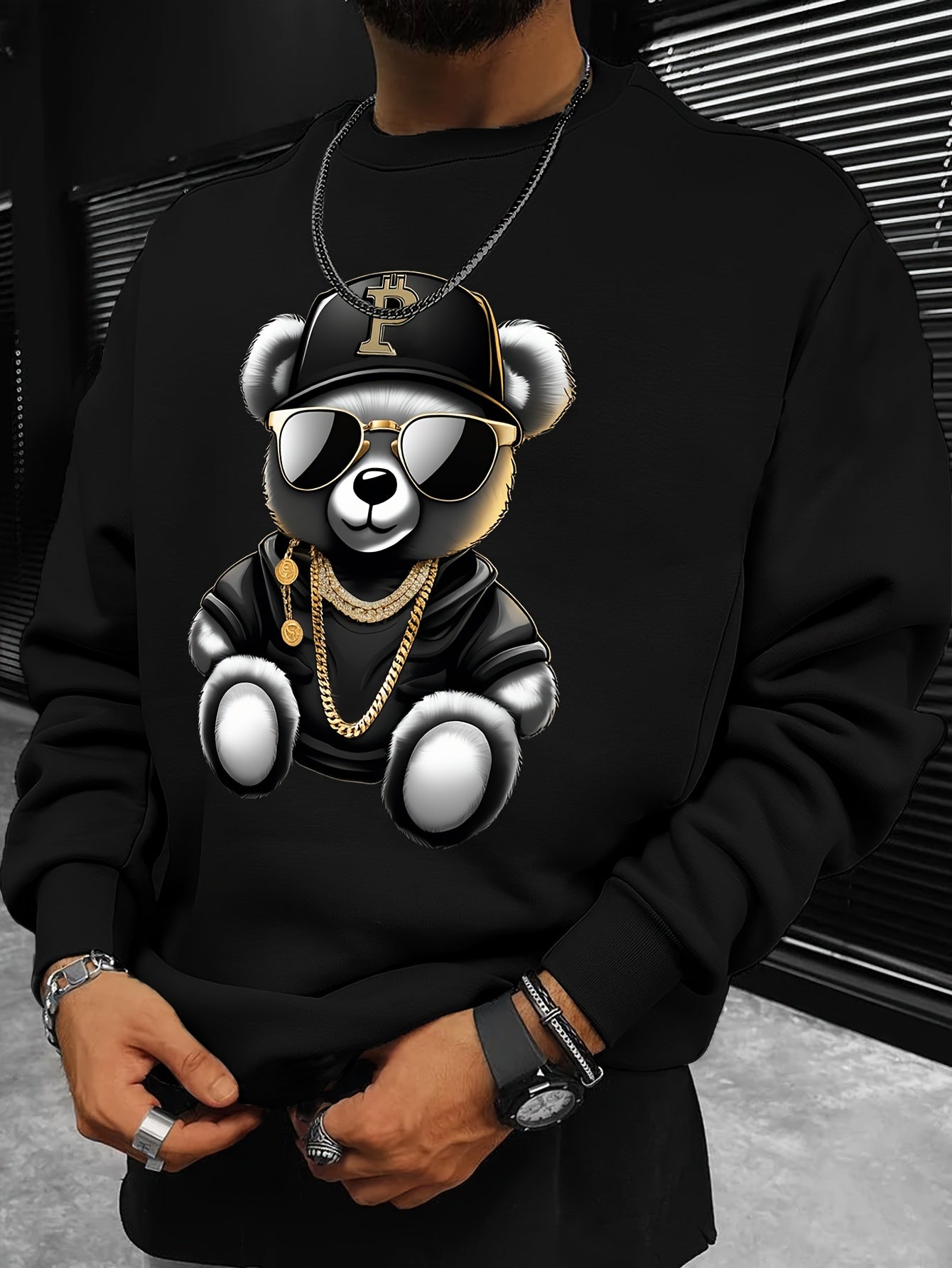 Men's Casual Long Sleeve Crew Neck Sweatshirt with Cool Bear Print - Soft Polyester Blend, Perfect for Fall & Winter