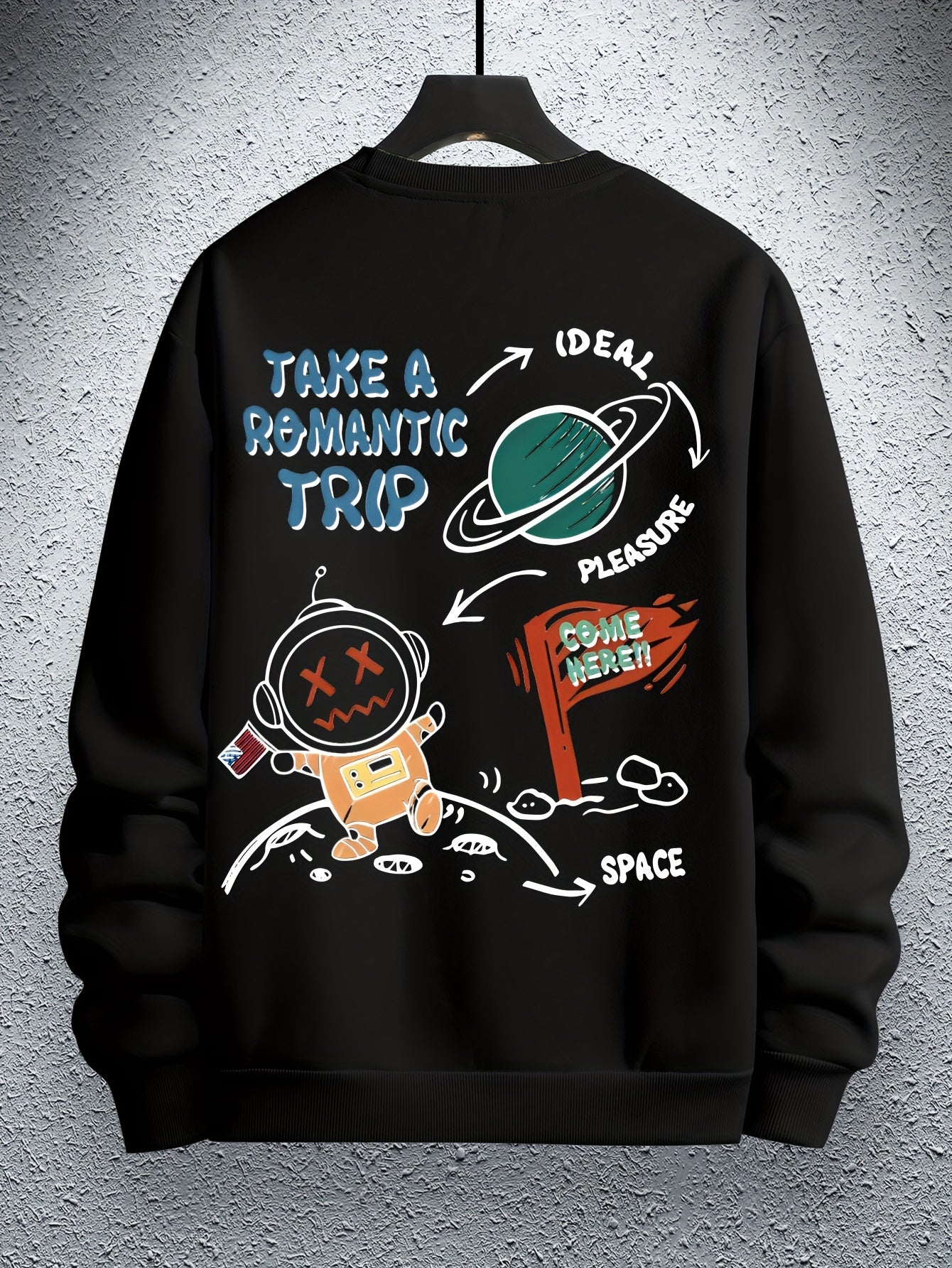 Men's Astronaut Cartoon Print Crew Neck Sweatshirt - Casual, Loose Fit Polyester Pullover with Geometric Design