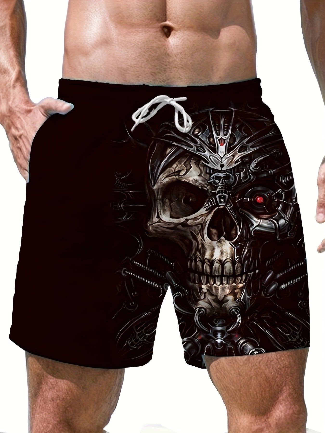 Men's Trendy Graphic Beach Shorts With Drawstring And Fancy 3D Skull Print For Summer Beach, Pool And Resort