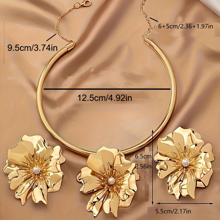 Luxurious Golden-Tone Floral Jewelry Set with Faux Pearl Accents - Includes Choker Necklace & Earrings, Perfect for Vacations & Everyday Glam